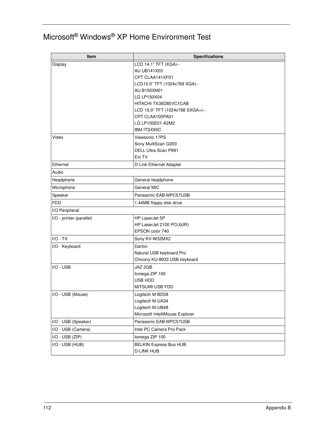 Acer 270 manual Microsoft Windows XP Home Environment Test, Specifications 