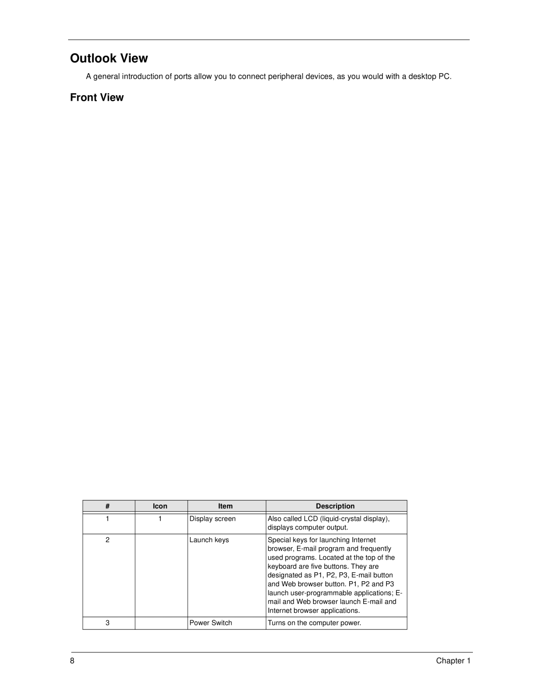 Acer 270 manual Outlook View, Front View, Icon Description 