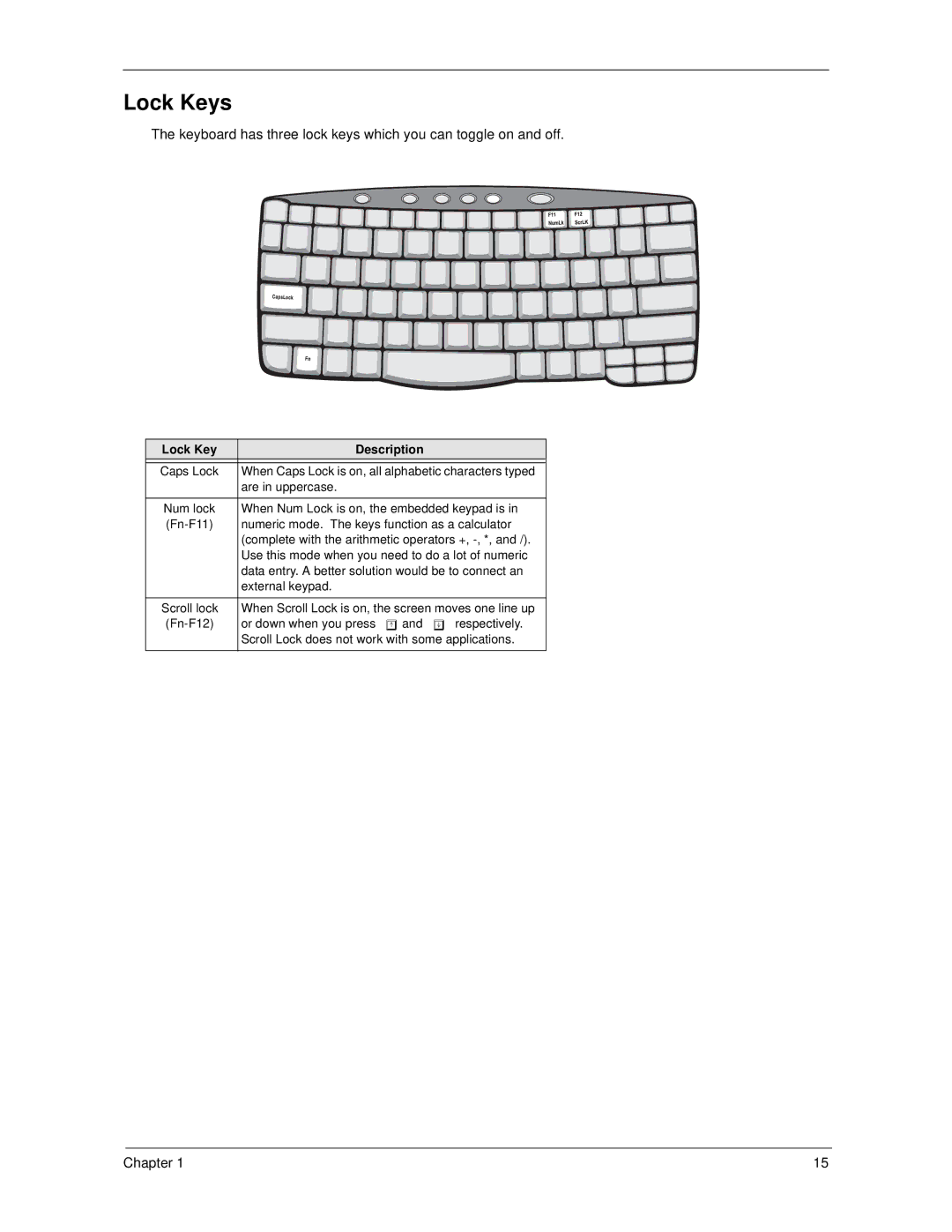 Acer 270 manual Lock Keys, Lock Key Description 