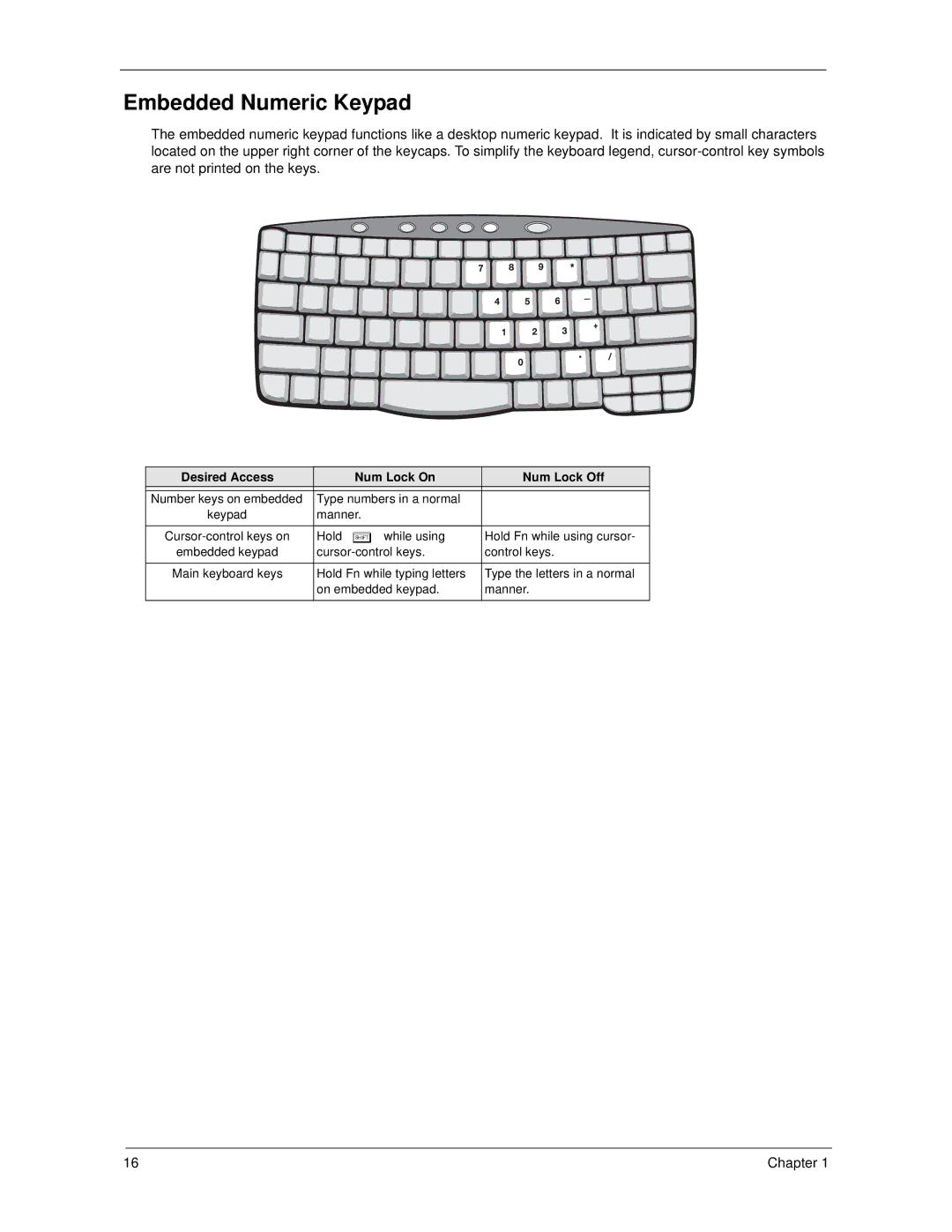 Acer 270 manual Embedded Numeric Keypad, Desired Access Num Lock On Num Lock Off 