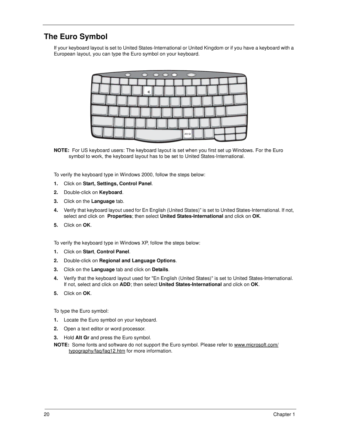 Acer 270 manual Euro Symbol, Click on Start, Settings, Control Panel 