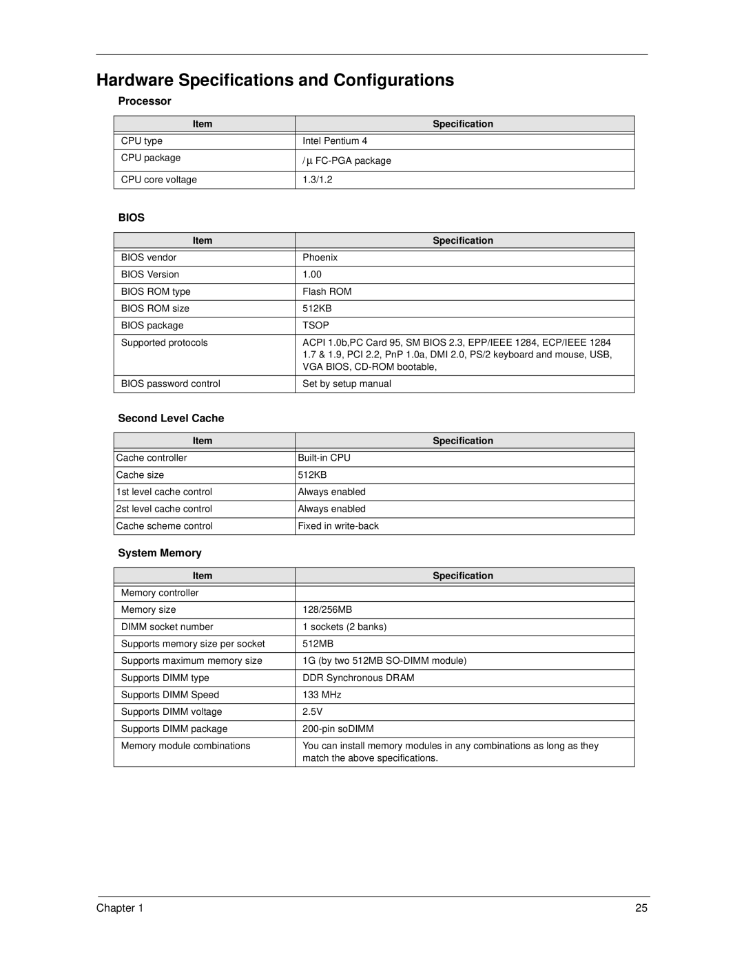 Acer 270 manual Hardware Specifications and Configurations, Processor, Second Level Cache, System Memory 