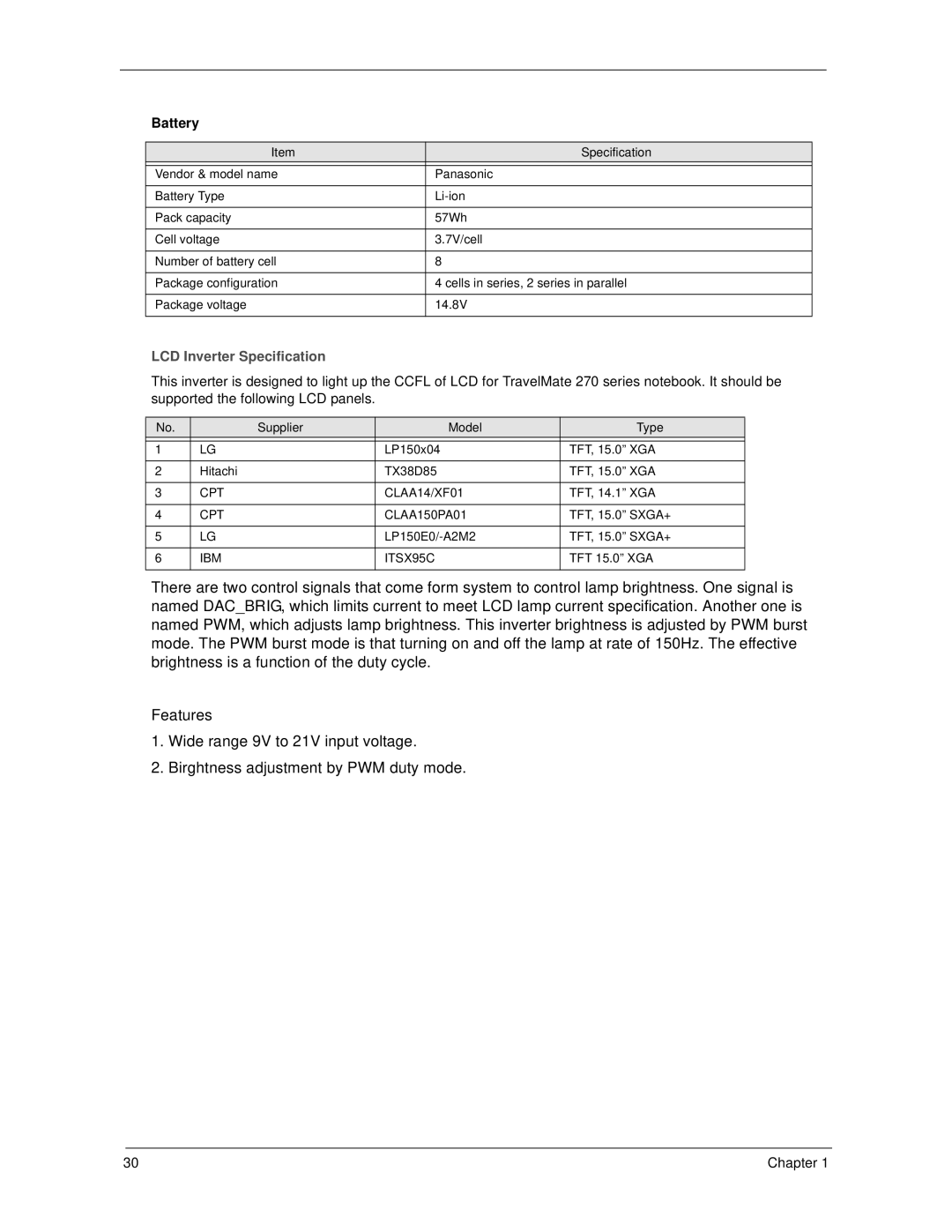 Acer 270 manual Battery, CPT CLAA14/XF01, CPT CLAA150PA01, IBM ITSX95C 