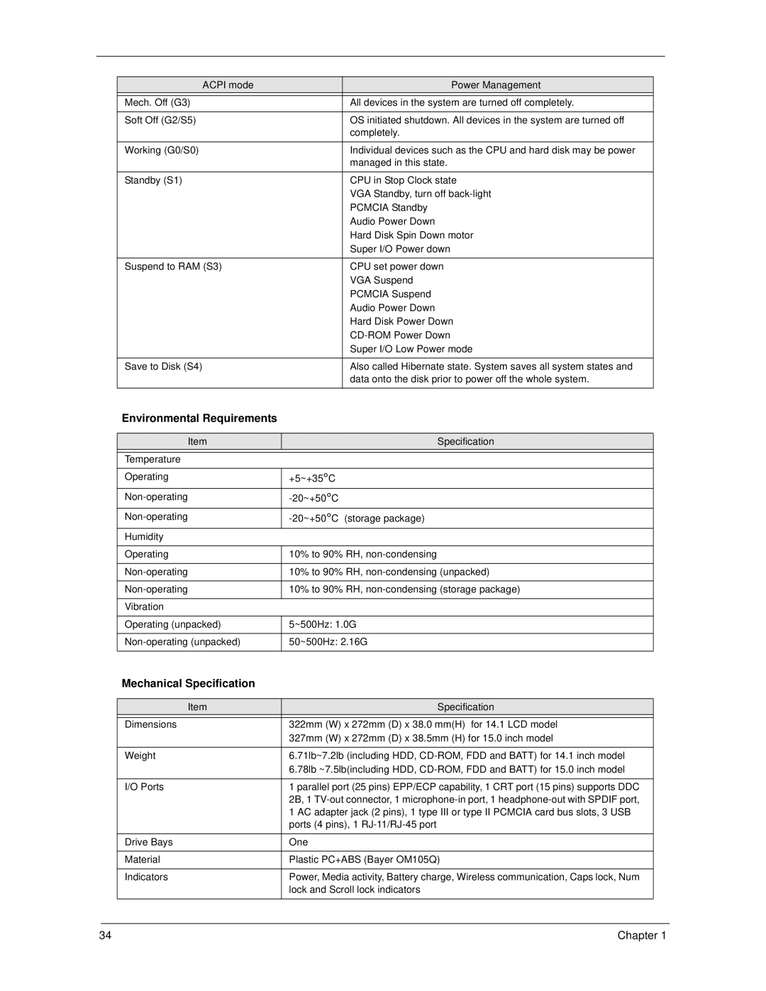 Acer 270 manual Environmental Requirements, Mechanical Specification 