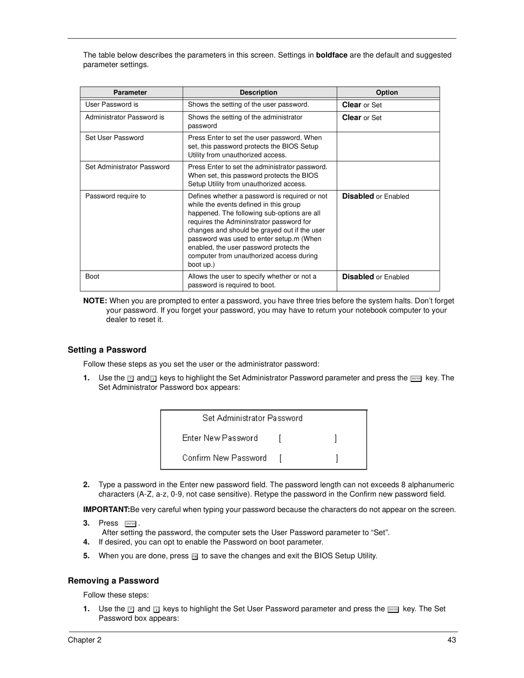 Acer 270 manual Clear or Set, Parameter Description Option 