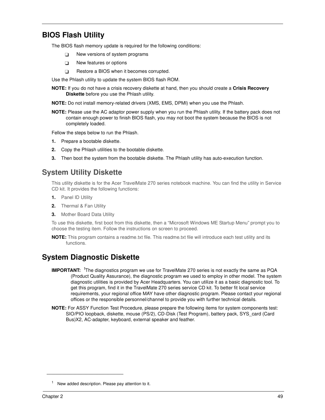 Acer 270 manual Bios Flash Utility, System Diagnostic Diskette 