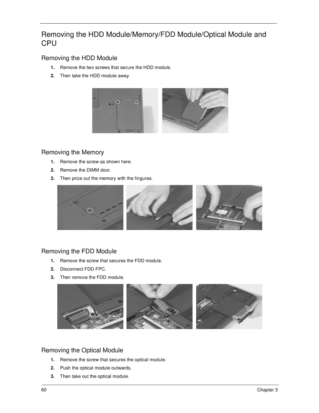 Acer 270 manual Removing the HDD Module/Memory/FDD Module/Optical Module, Cpu 