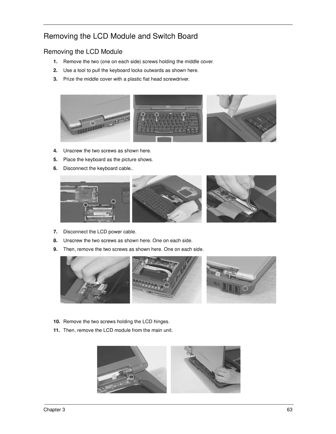 Acer 270 manual Removing the LCD Module and Switch Board 