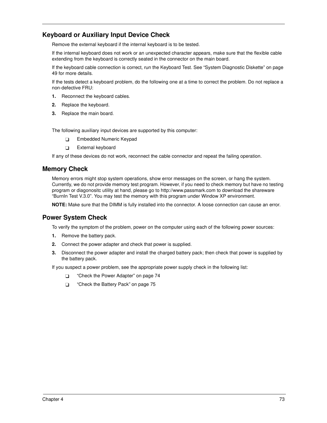 Acer 270 manual Keyboard or Auxiliary Input Device Check, Memory Check Power System Check 