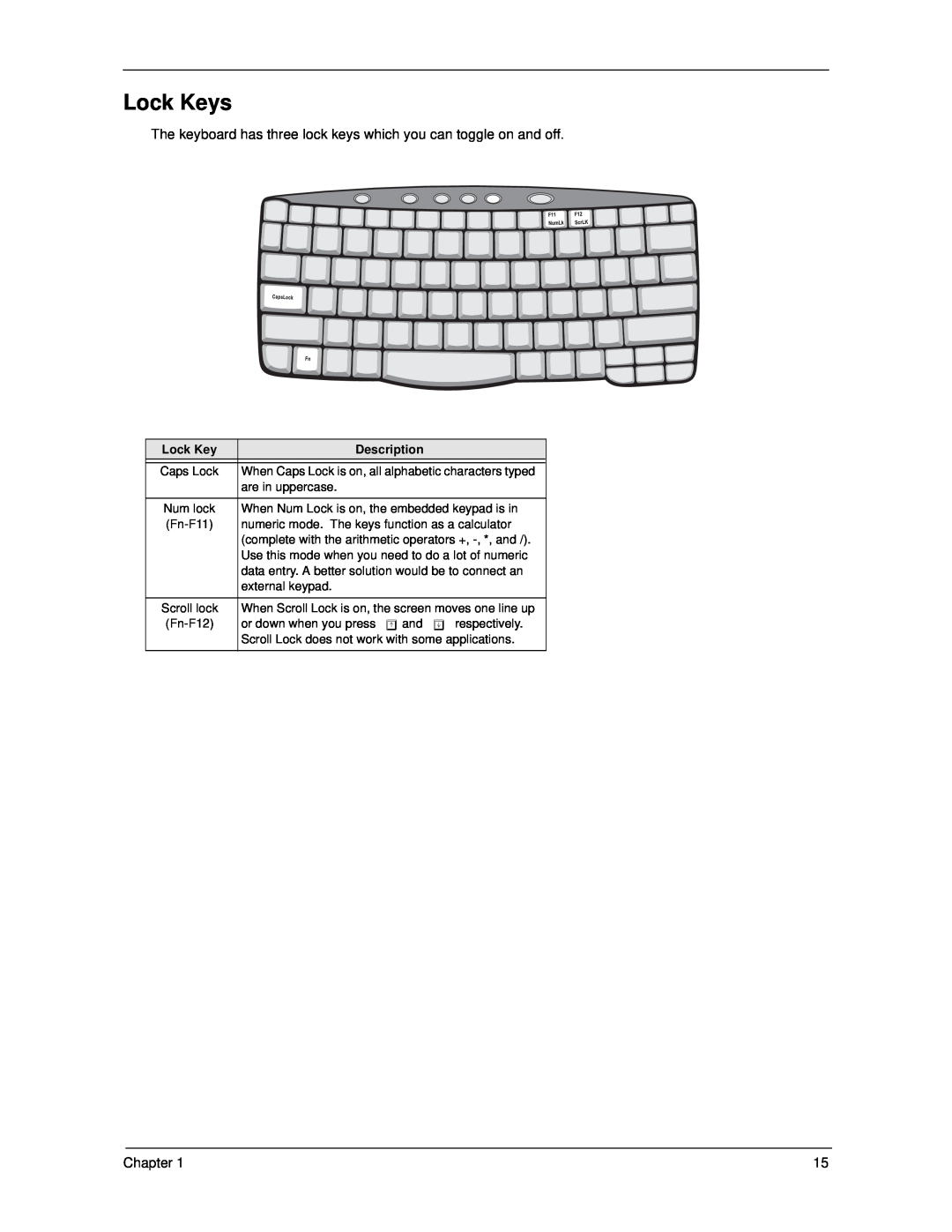 Acer 270 manual Lock Keys, Description 