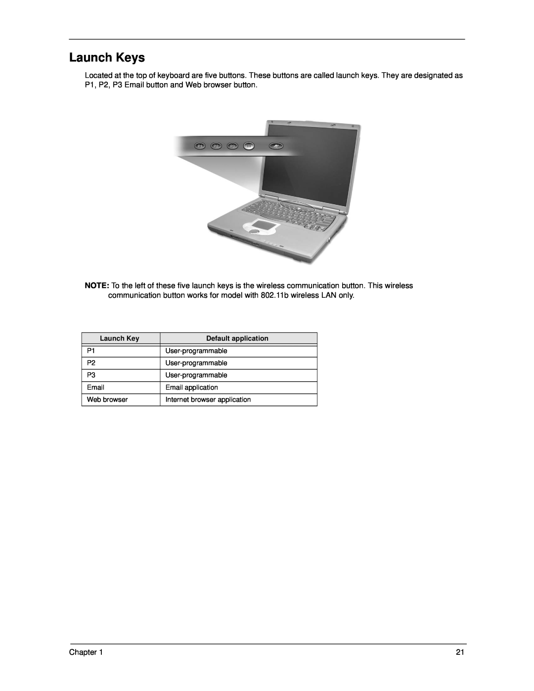 Acer 270 manual Launch Keys, Default application 