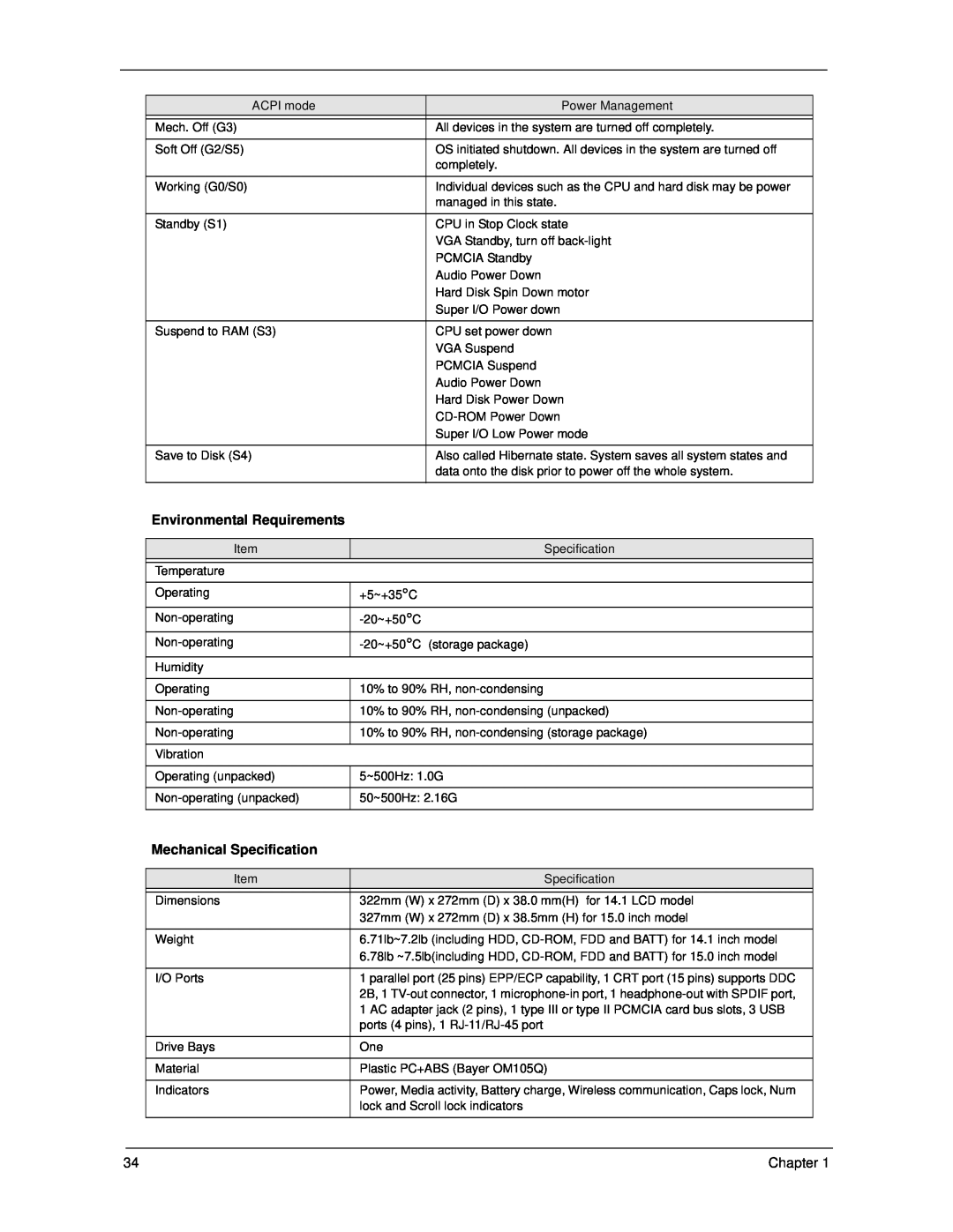 Acer 270 manual Environmental Requirements, Mechanical Specification 