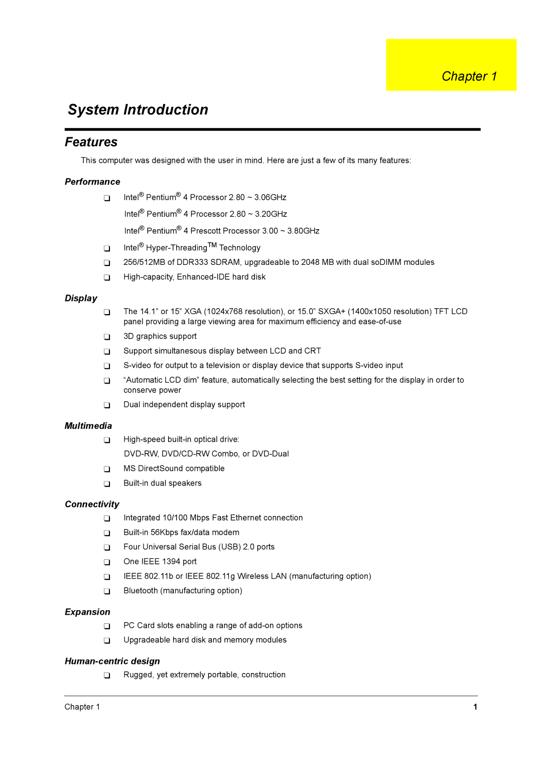 Acer 2700 manual Features 