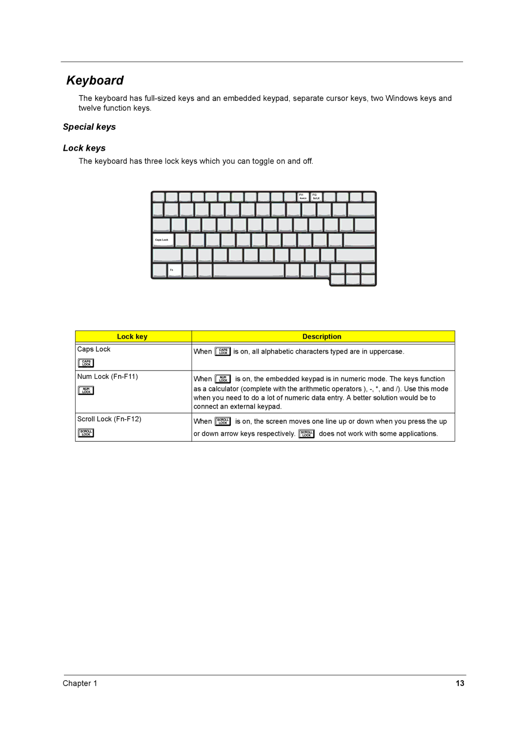 Acer 2700 manual Keyboard, Special keys Lock keys, Lock key Description 