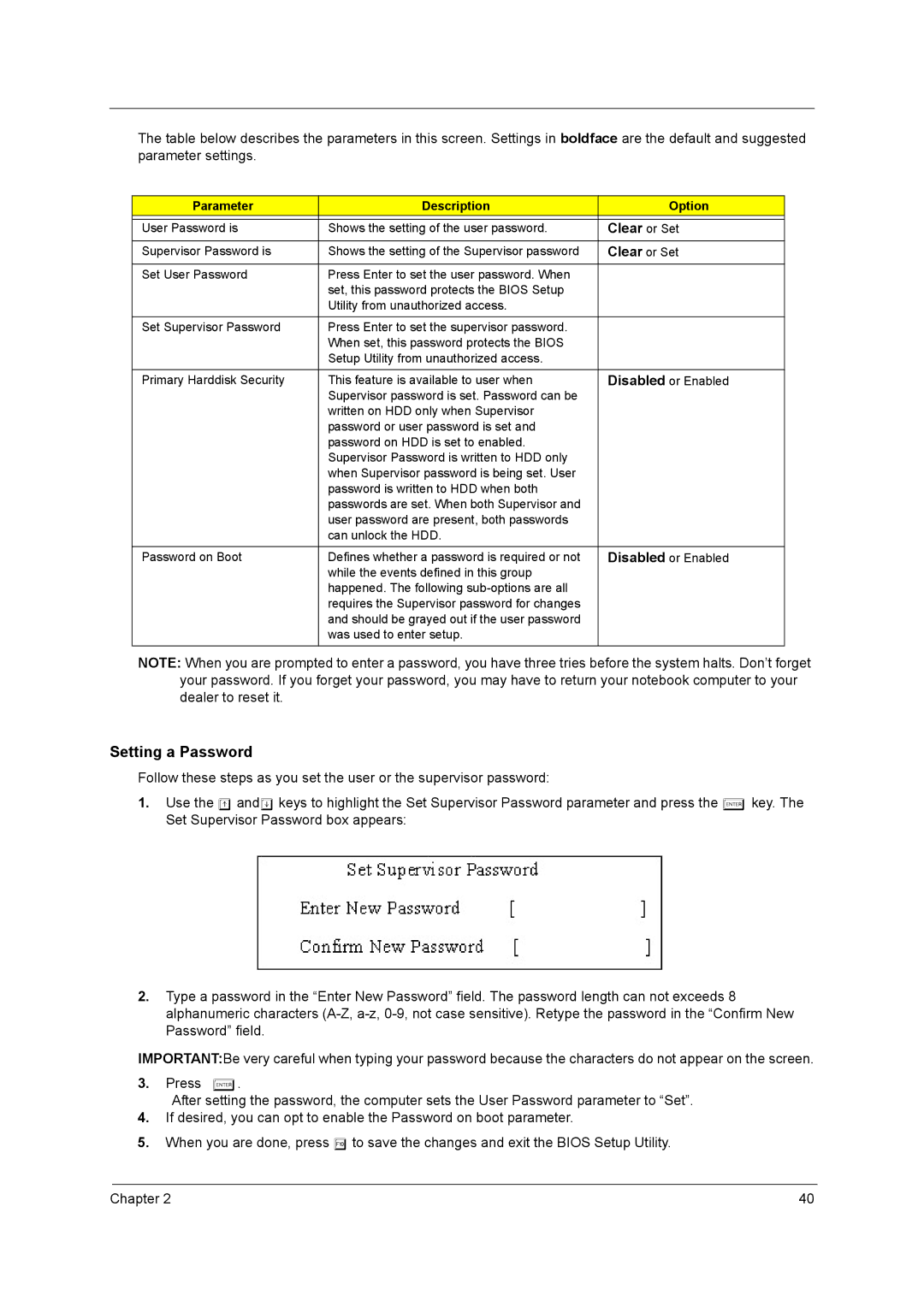 Acer 2700 manual Setting a Password, Parameter Description Option 