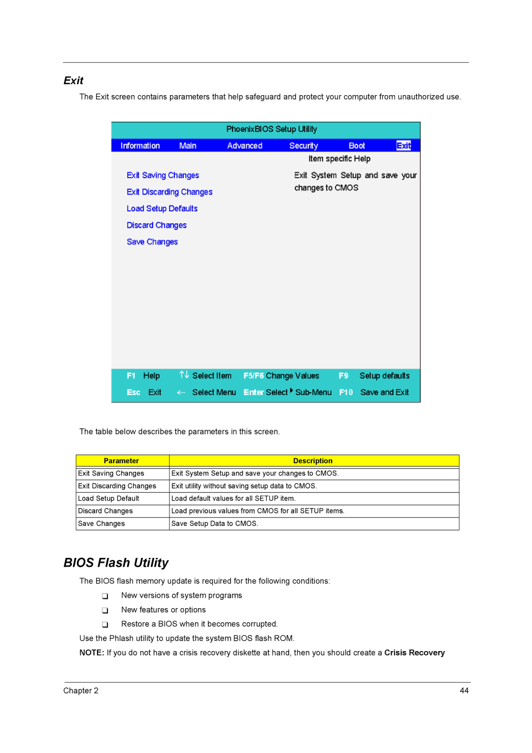 Acer 2700 manual Bios Flash Utility, Exit 