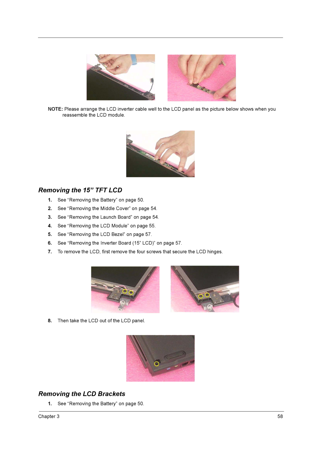 Acer 2700 manual Removing the 15 TFT LCD, Removing the LCD Brackets 