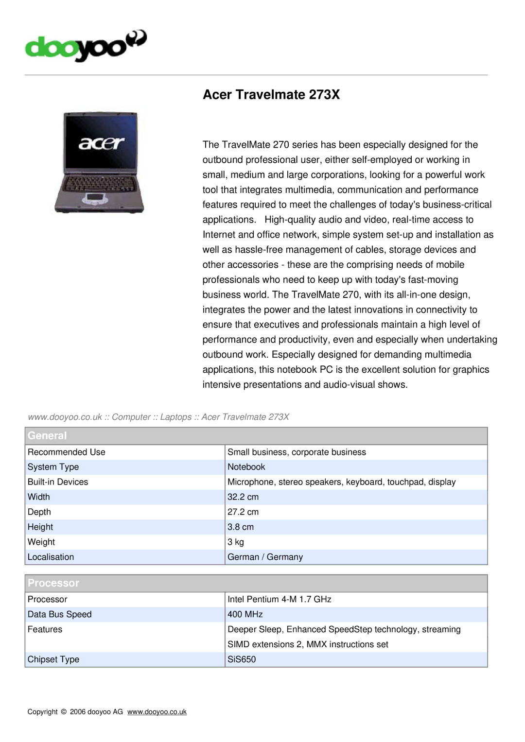 Acer 273X manual General, Processor 