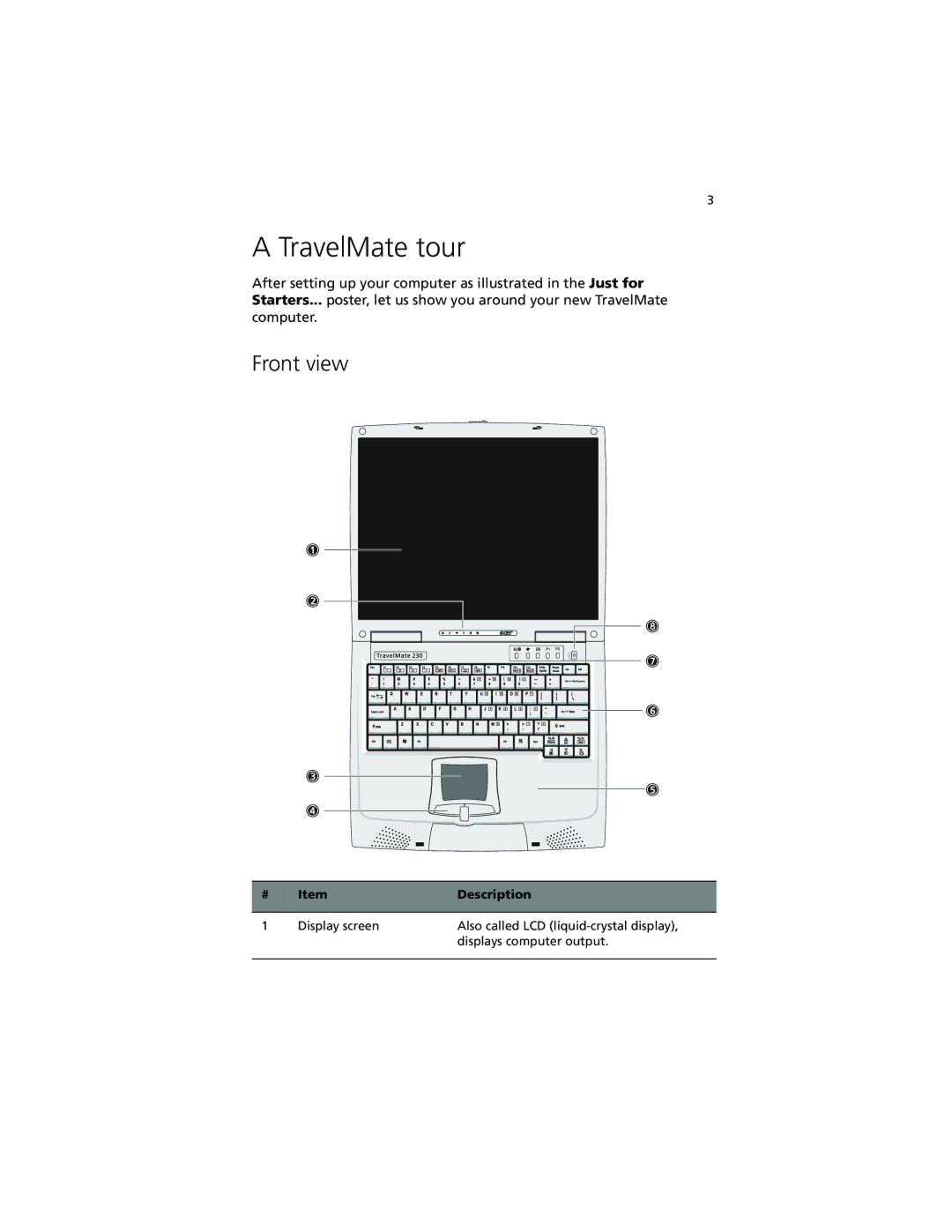 Acer 230 Series, 280 Series manual TravelMate tour, Front view, Description 