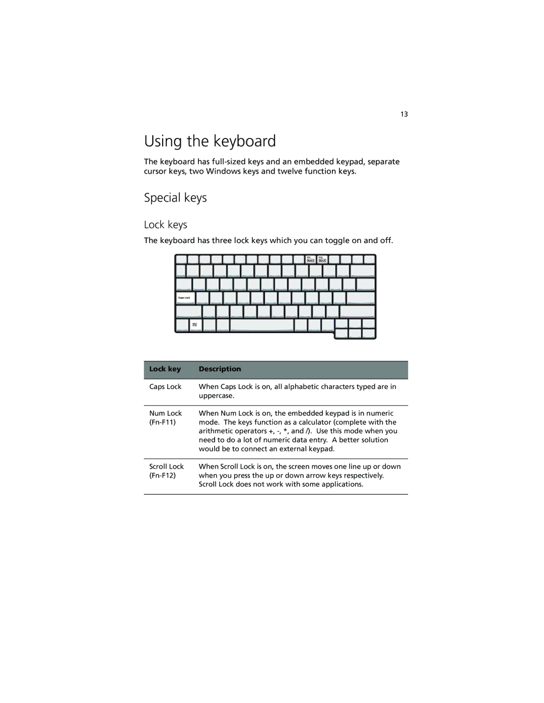 Acer 230 Series, 280 Series manual Using the keyboard, Special keys, Lock keys, Lock key Description 