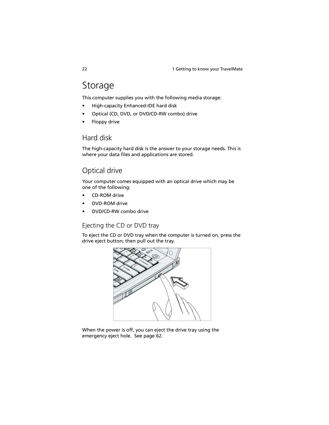 Acer 280 Series, 230 Series manual Storage, Hard disk, Optical drive, Ejecting the CD or DVD tray 