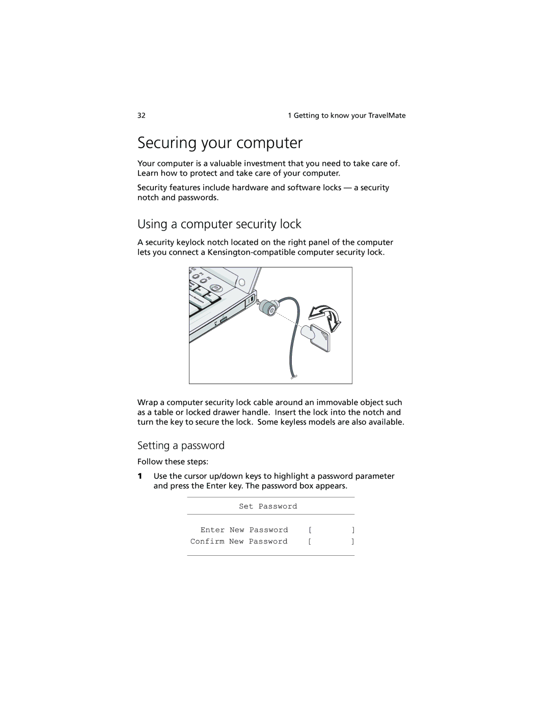 Acer 280 Series, 230 Series manual Securing your computer, Using a computer security lock, Setting a password 