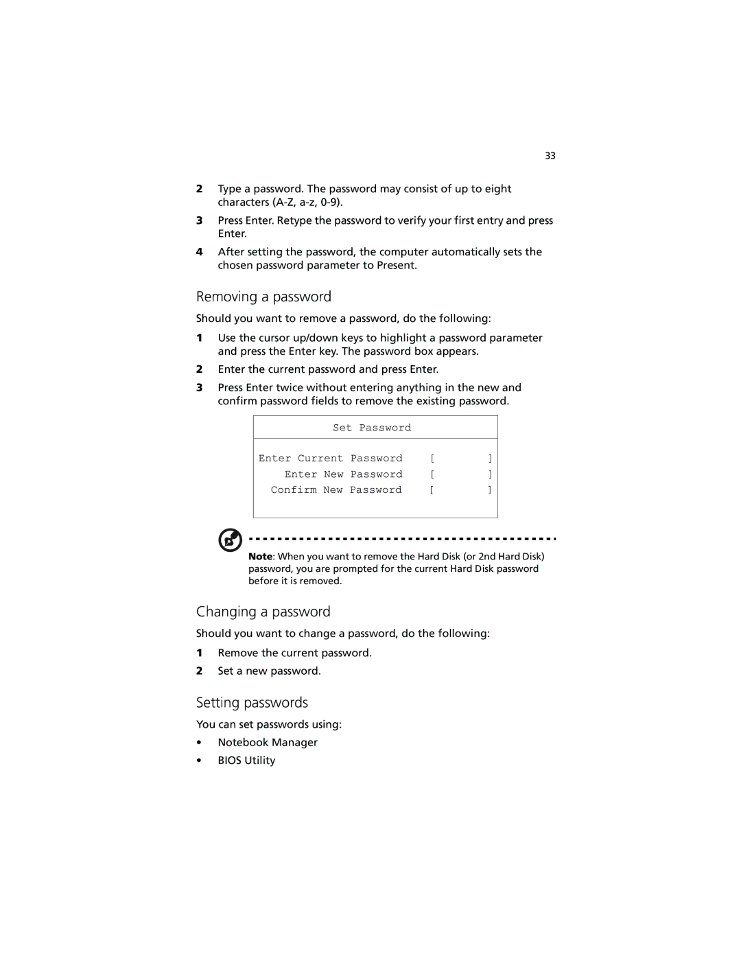 Acer 230 Series, 280 Series manual Removing a password, Changing a password, Setting passwords 