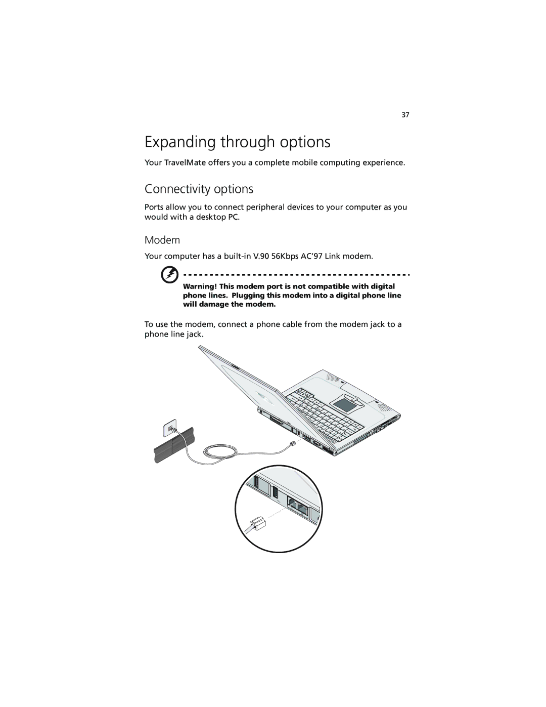 Acer 230 Series, 280 Series manual Expanding through options, Connectivity options, Modem 