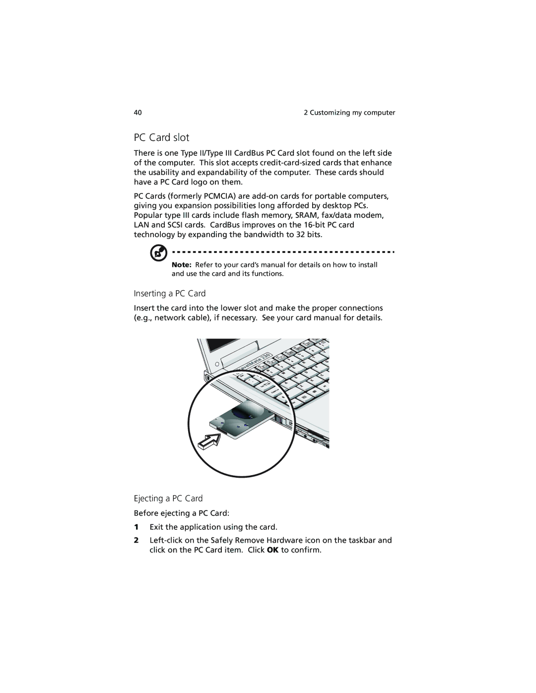 Acer 280 Series, 230 Series manual PC Card slot, Inserting a PC Card, Ejecting a PC Card 