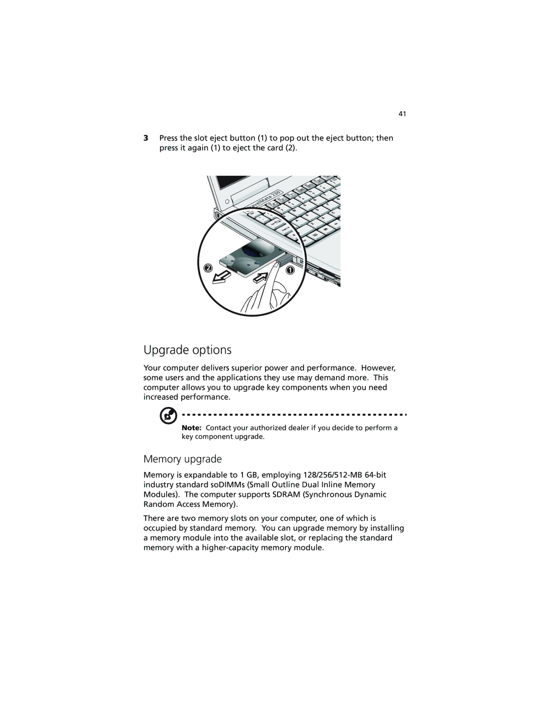 Acer 230 Series, 280 Series manual Upgrade options, Memory upgrade 