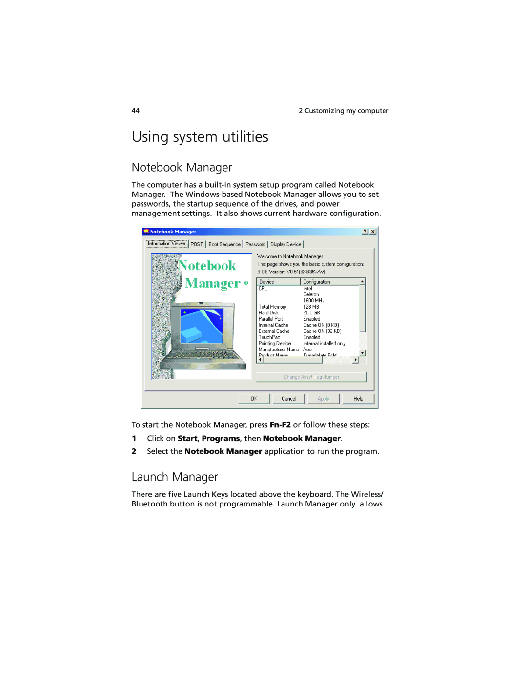 Acer 280 Series, 230 Series manual Using system utilities, Launch Manager 