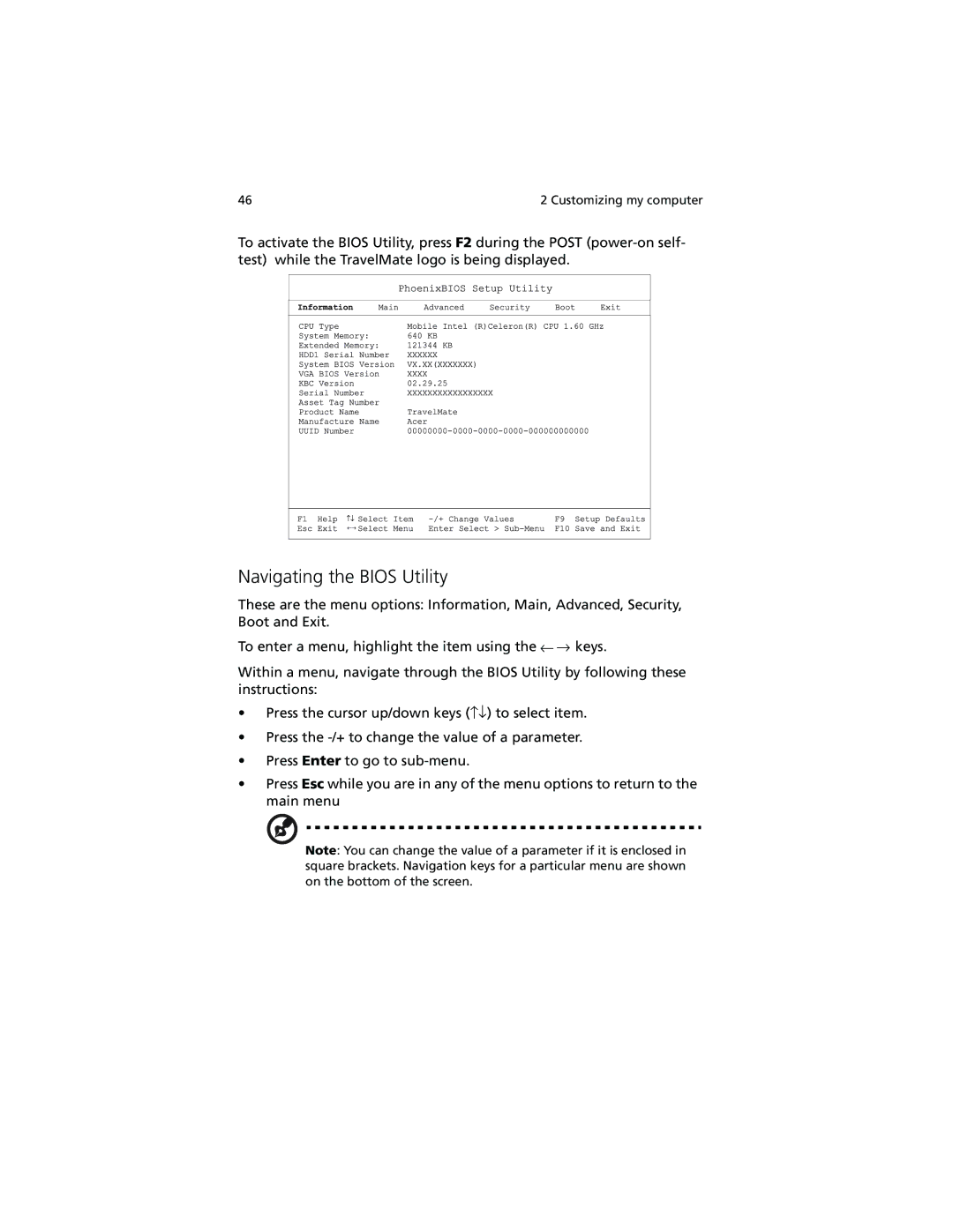 Acer 280 Series, 230 Series manual Navigating the Bios Utility 