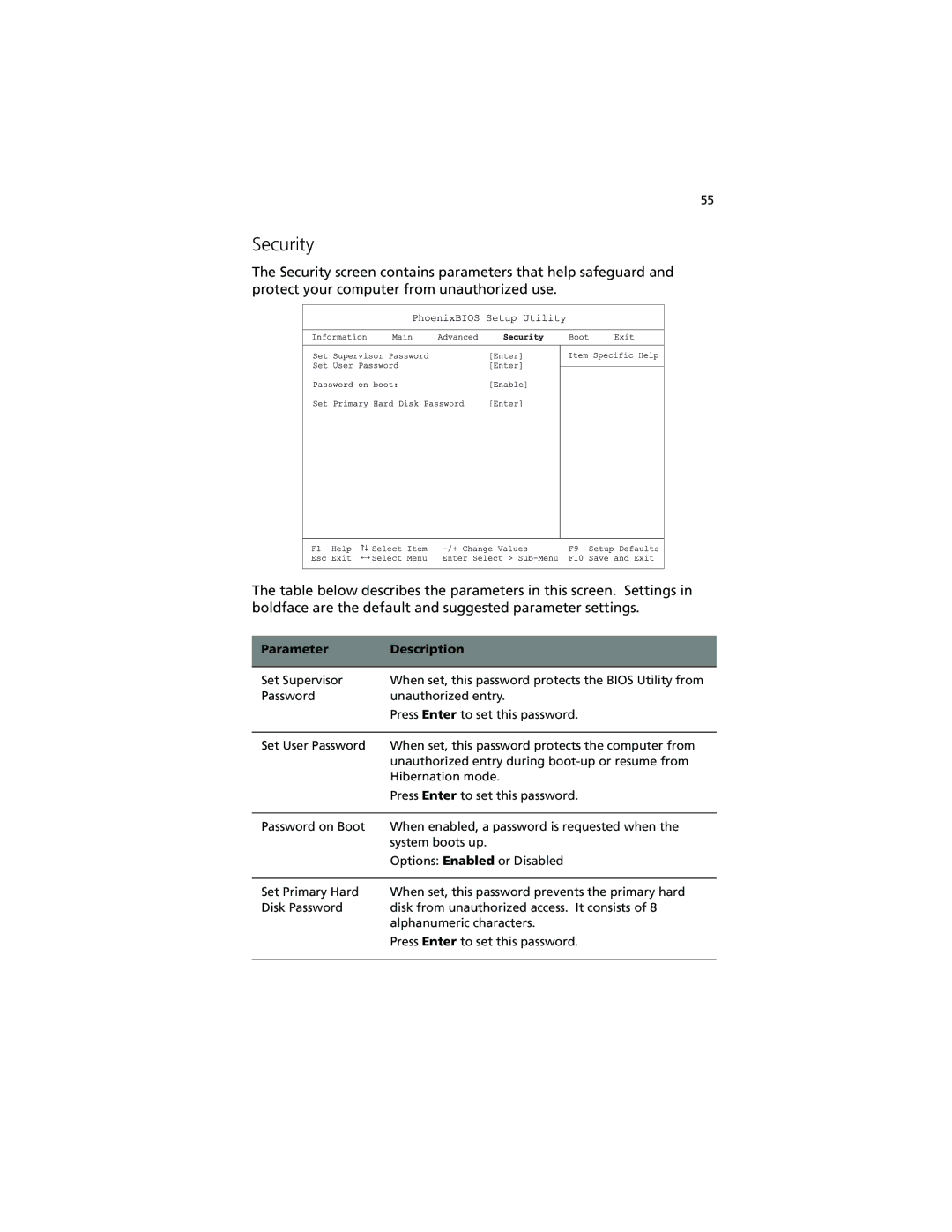 Acer 230 Series, 280 Series manual Security 