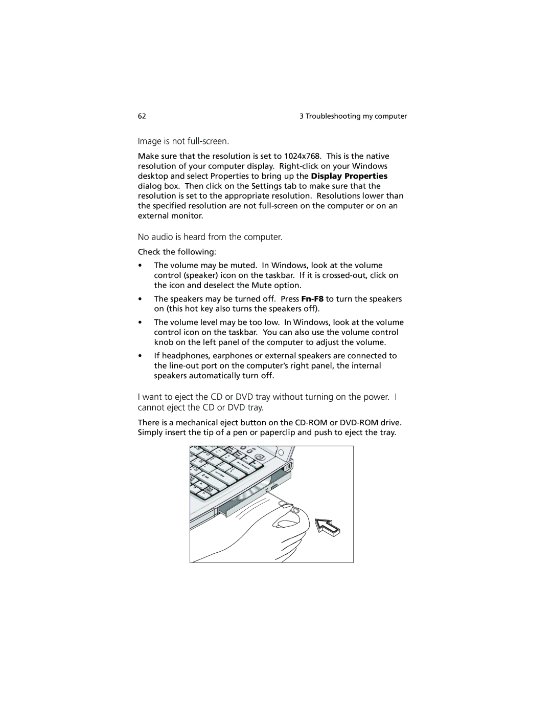 Acer 280 Series, 230 Series manual Image is not full-screen, No audio is heard from the computer 