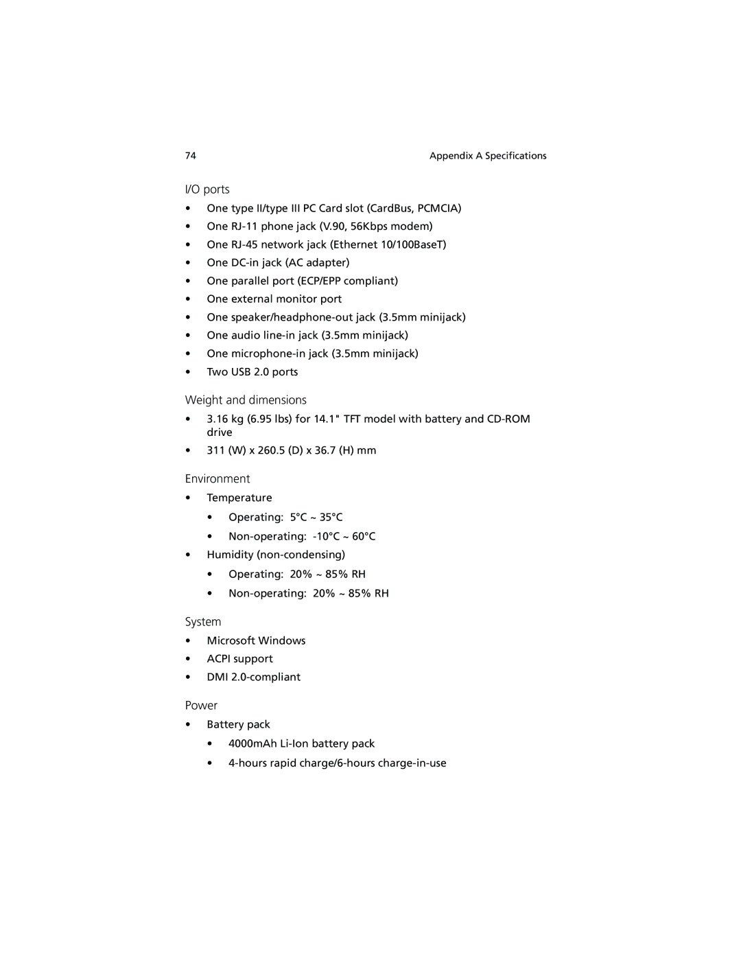 Acer 280 Series, 230 Series manual Ports, Weight and dimensions, Environment, System, Power 