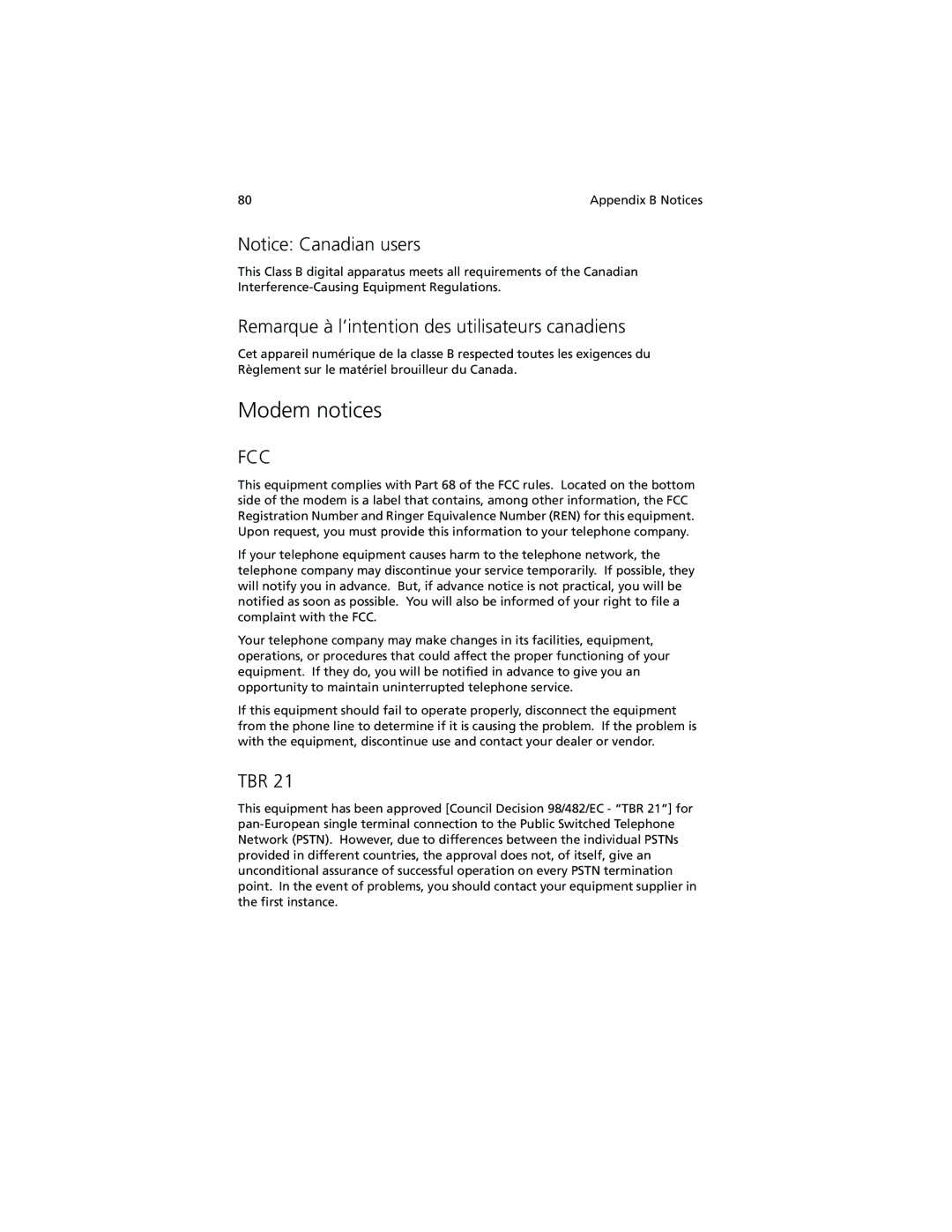 Acer 280 Series, 230 Series manual Modem notices, Remarque à l’intention des utilisateurs canadiens, Tbr 