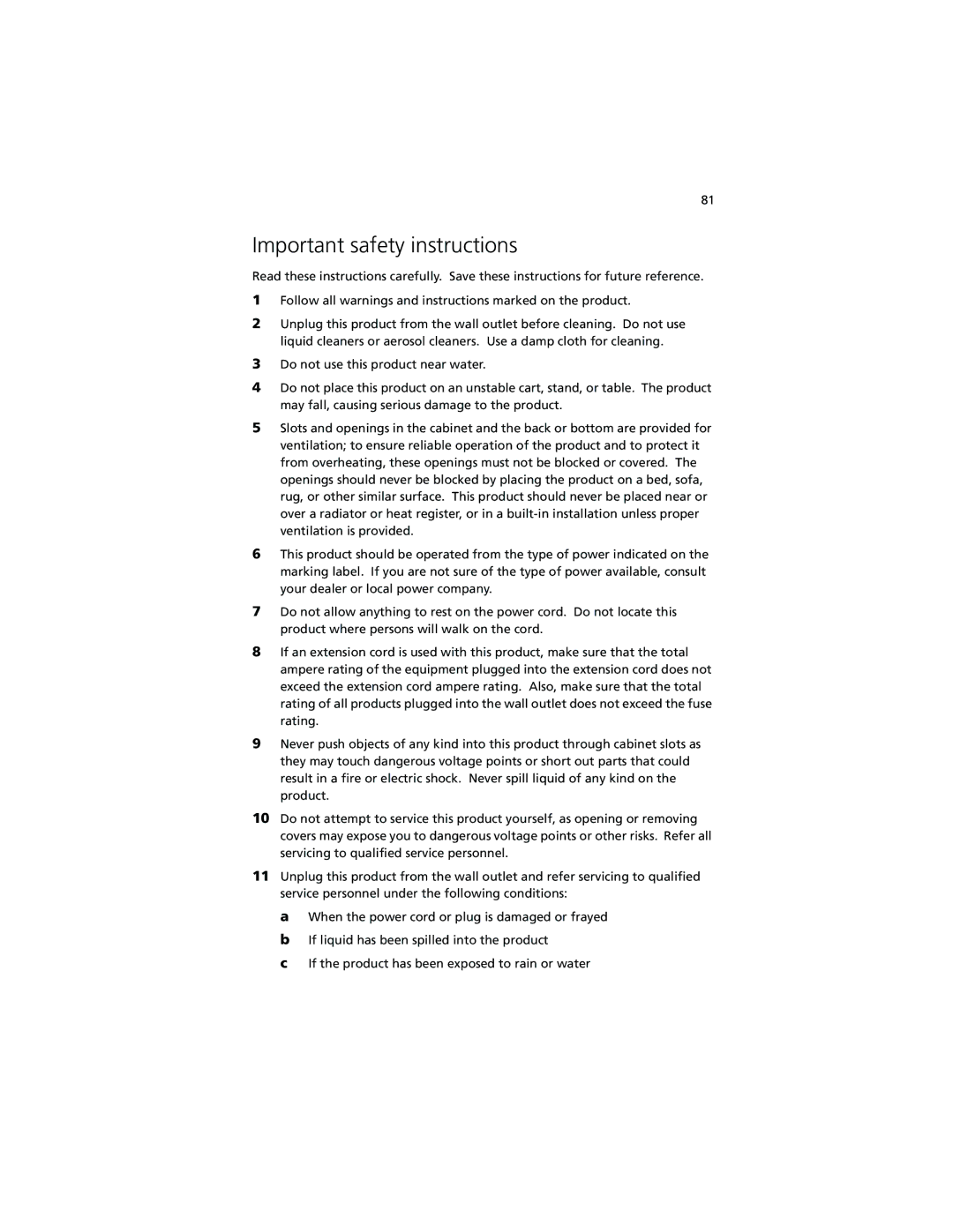 Acer 230 Series, 280 Series manual Important safety instructions 