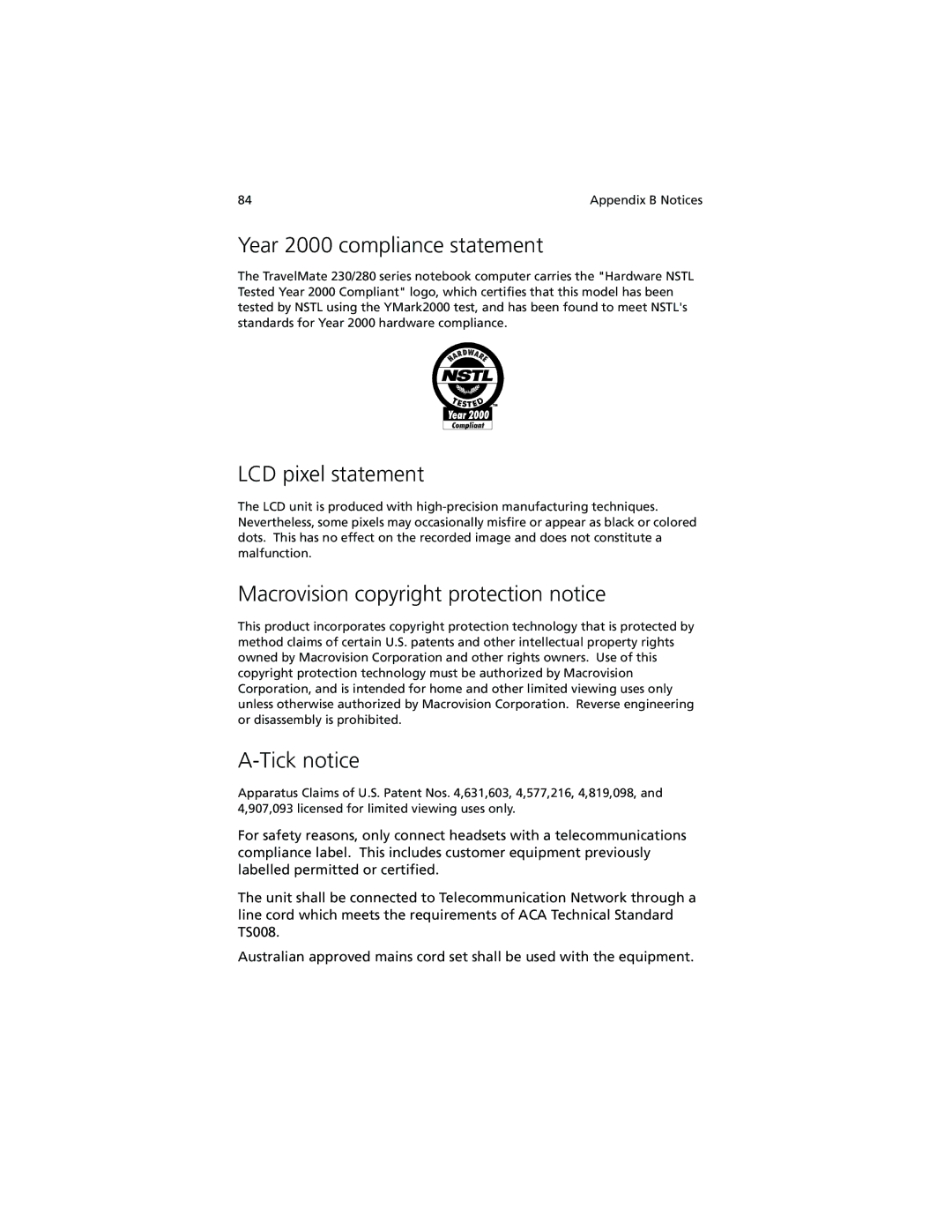 Acer 280 Series Year 2000 compliance statement, LCD pixel statement, Macrovision copyright protection notice, Tick notice 