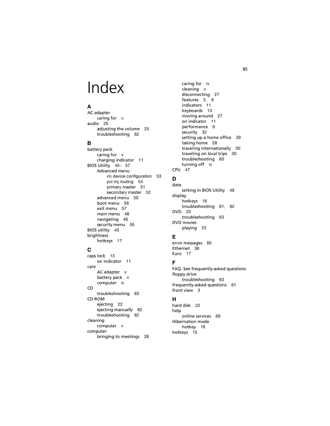 Acer 230 Series, 280 Series manual Index 