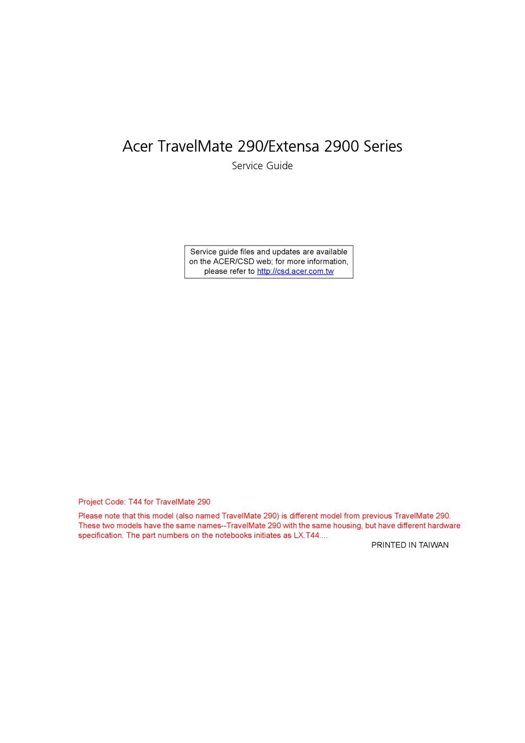 Acer manual Acer TravelMate 290/Extensa 2900 Series 