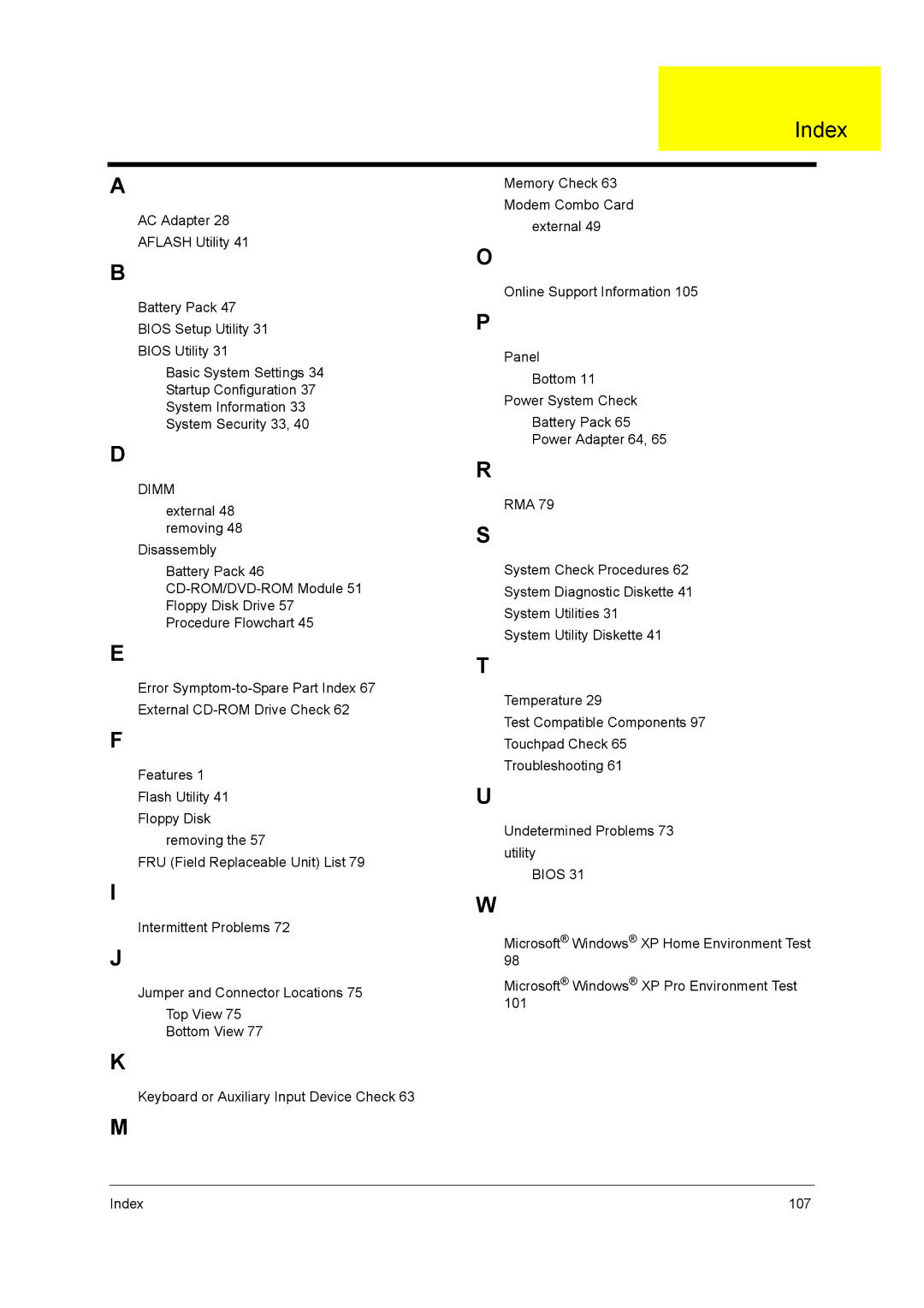 Acer 2900 manual Index, Bios 