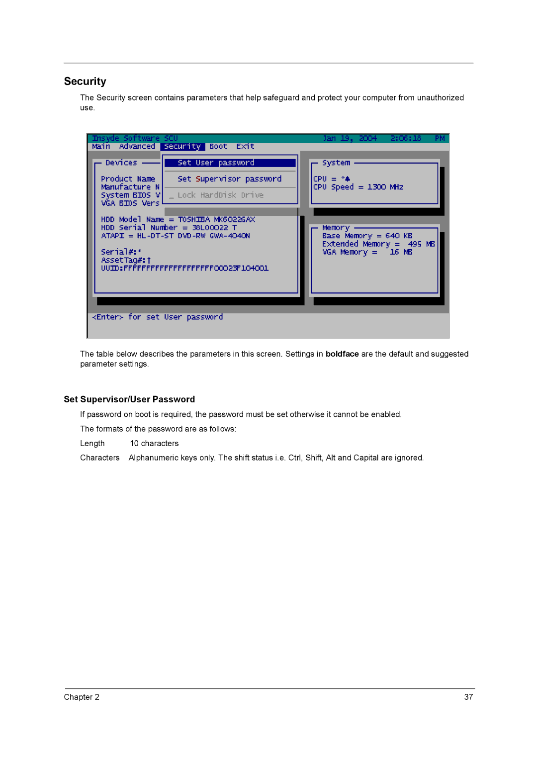 Acer 2900 manual Security, Set Supervisor/User Password 