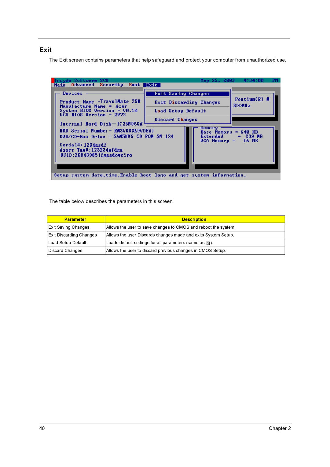 Acer 2900 manual Exit, Parameter Description 