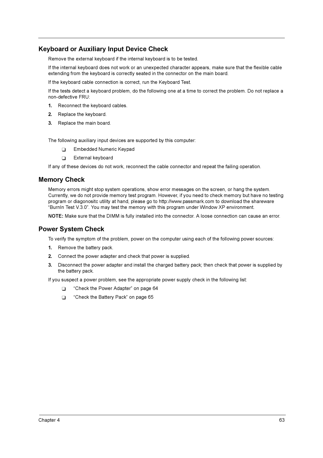 Acer 2900 manual Keyboard or Auxiliary Input Device Check, Memory Check Power System Check 