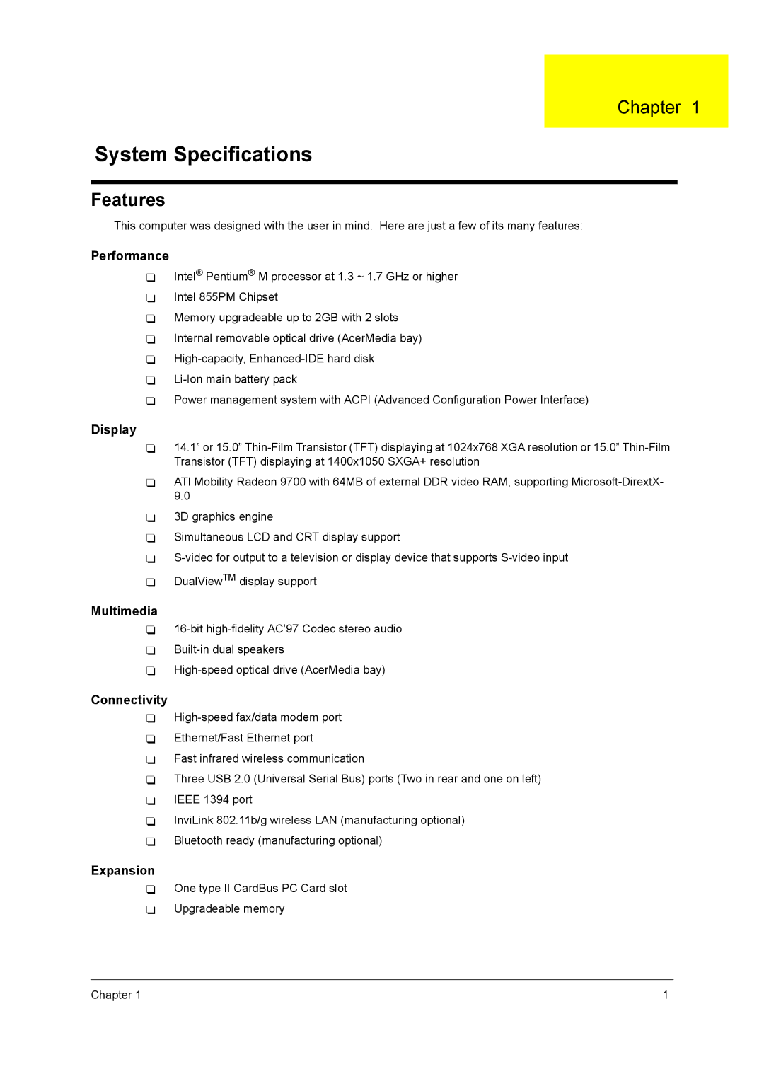 Acer 2900 manual Chapter, Features 