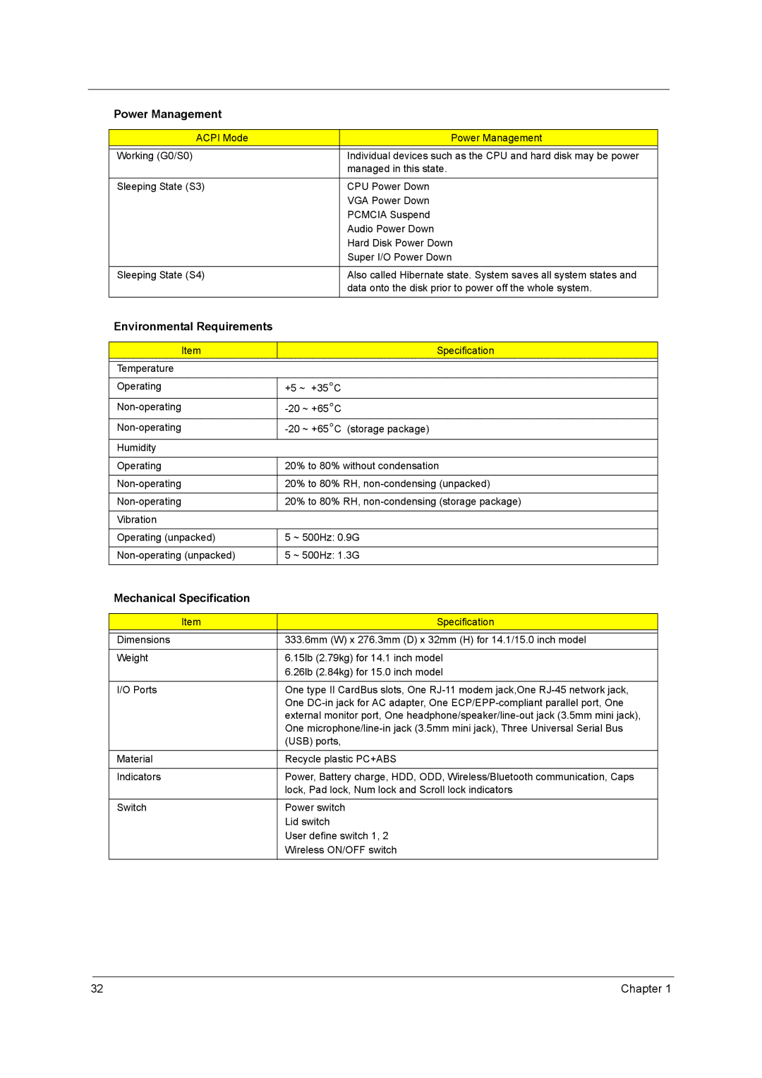 Acer 290E manual Environmental Requirements, Mechanical Specification 