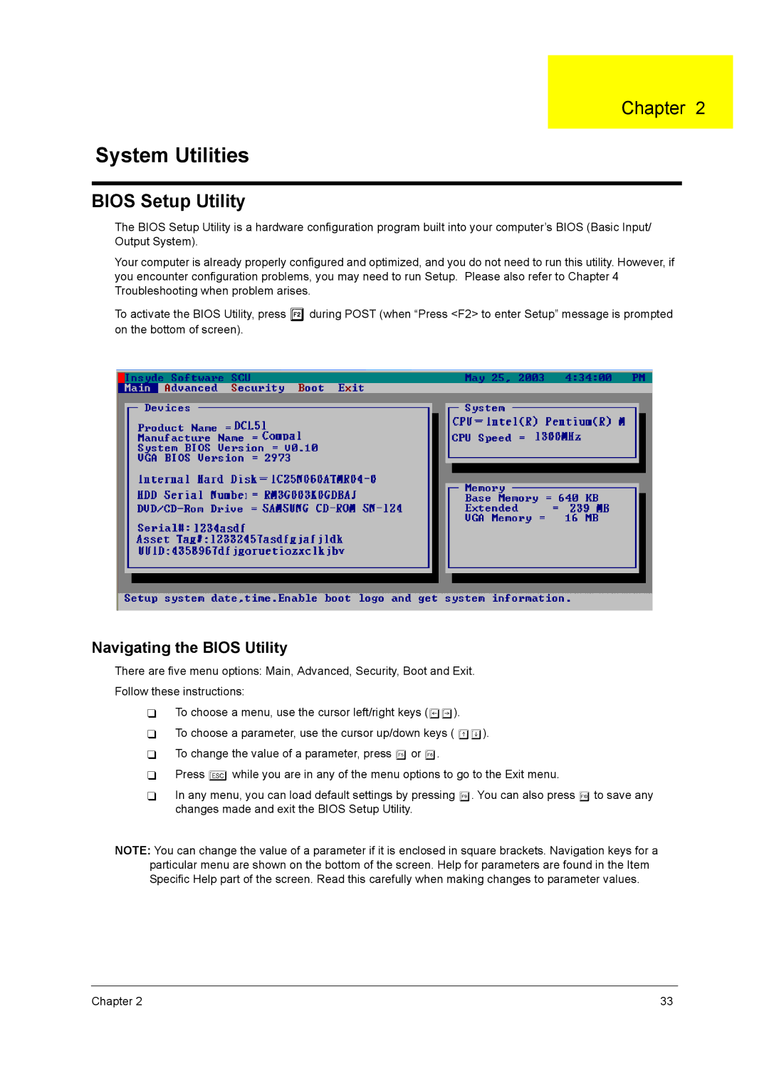 Acer 290E manual Bios Setup Utility, Navigating the Bios Utility 