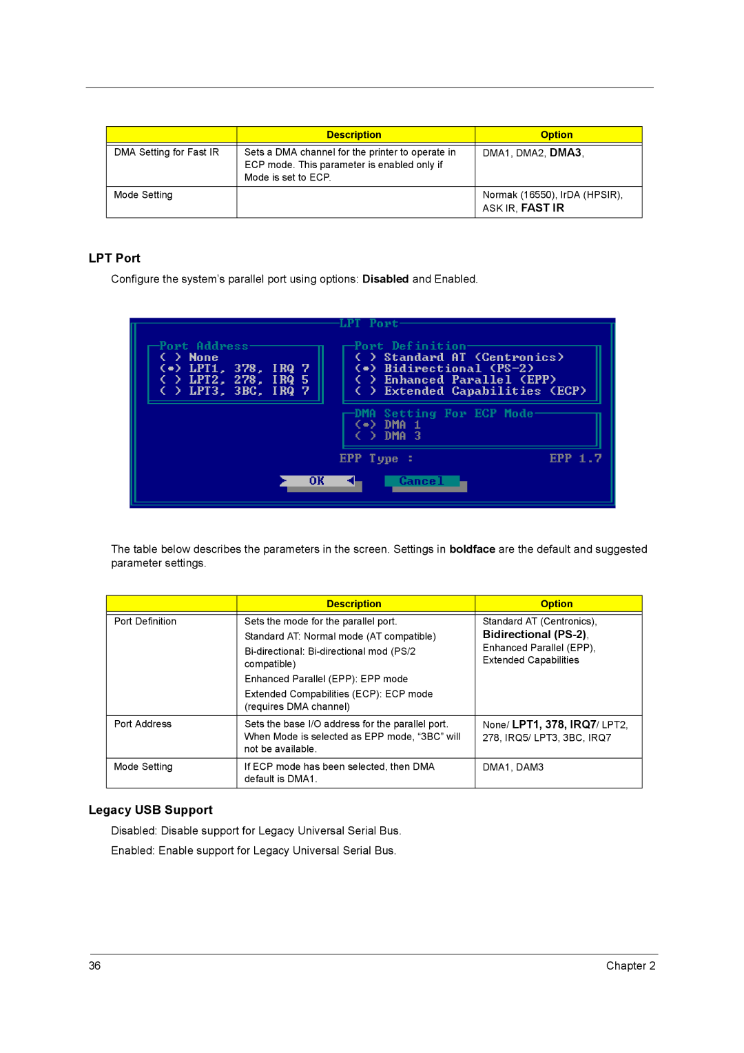 Acer 290E manual Bidirectional PS-2, None/ LPT1, 378, IRQ7 / LPT2, ASK IR, Fast IR, DMA1, DAM3 