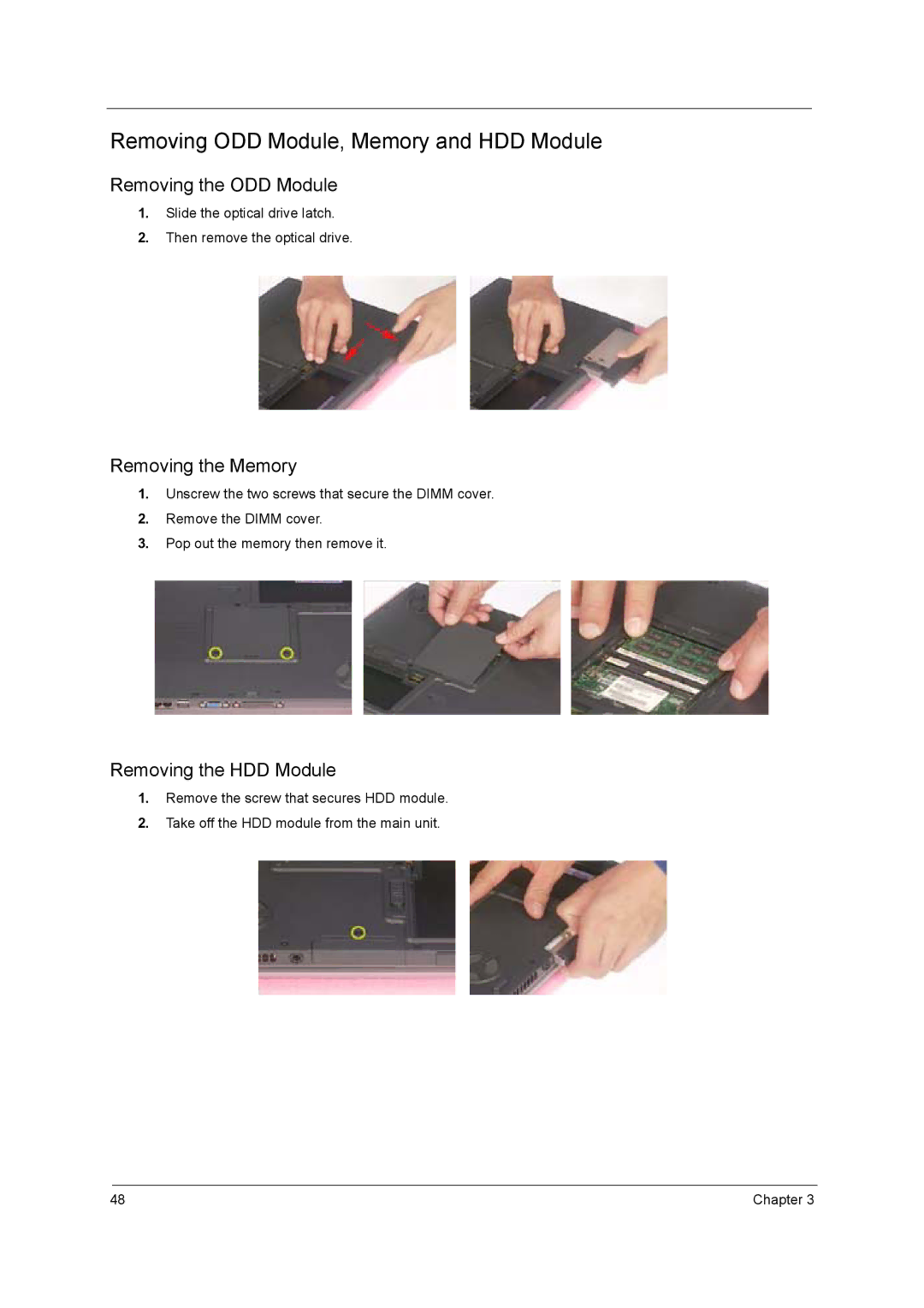 Acer 290E manual Removing ODD Module, Memory and HDD Module, Removing the Memory 