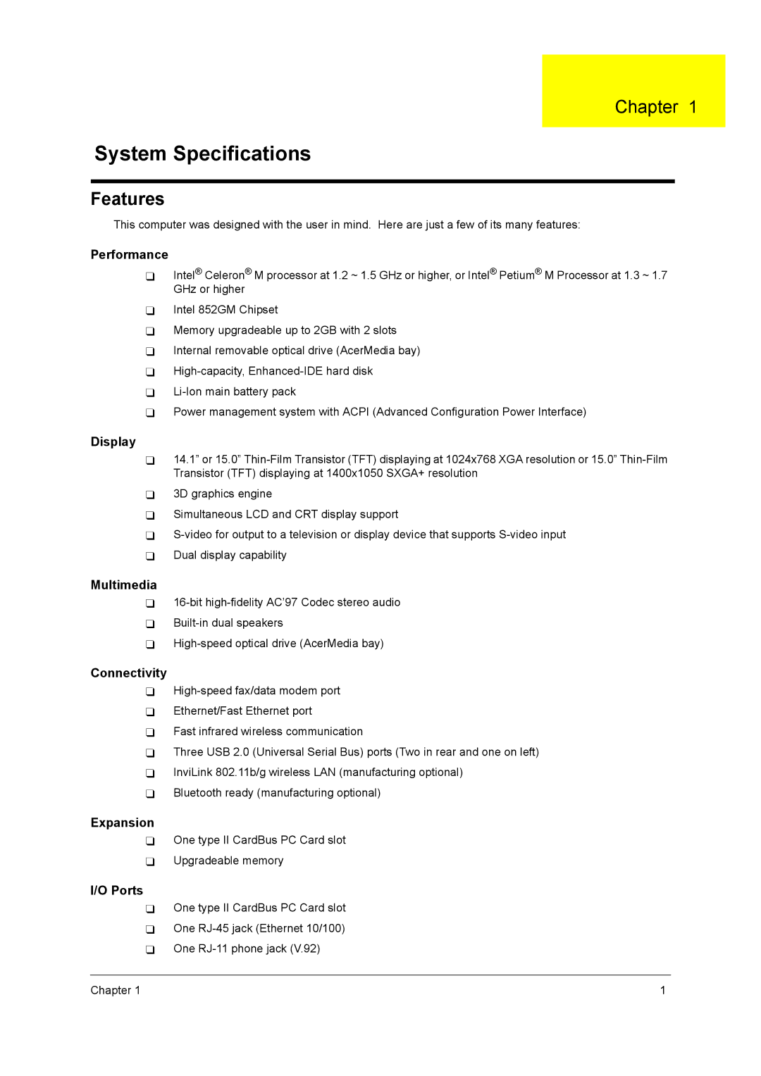 Acer 290E manual Chapter, Features 